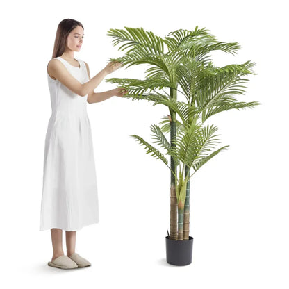 Artificial Gold Cane Palm Tree, 6.5 FT Tall Faux Plant, PE Material & Anti-Tip Tilt Protection Low-Maintenance Plant, Lifelike Green Fake Tree For Home Office Warehouse Decor Indoor Outdoor